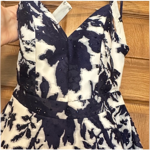 Jovani Navy and White Floral Homecoming Event Prom Dress A line open back Floral - Picture 4 of 10